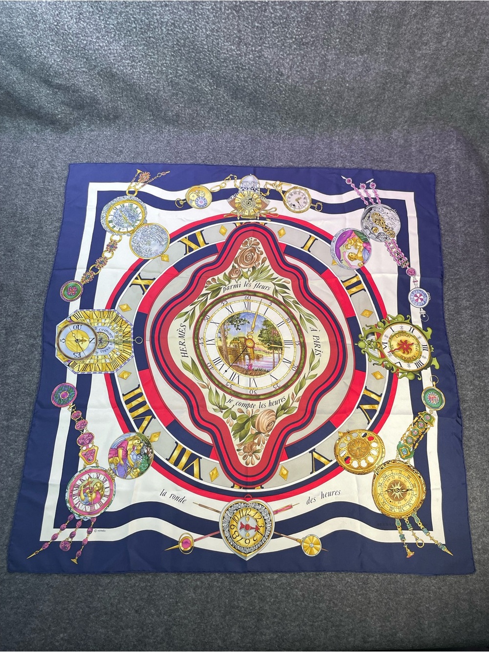Hermes Multicolor Silk Scarf with Navy, Red, White and Gold Accents